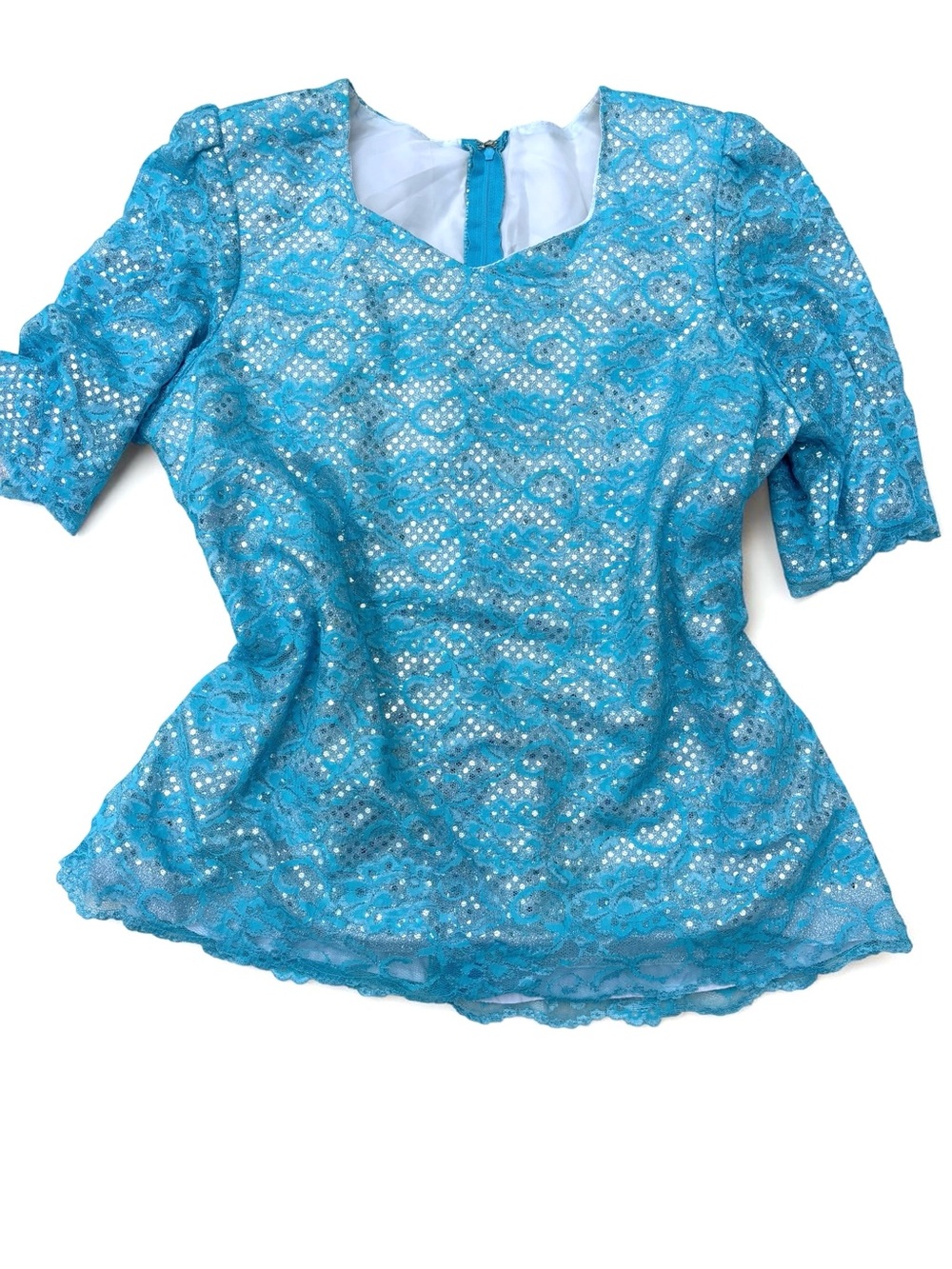 Vintage Blue Lace Silver Sequin Top Y2K Made USA Pop Princess Hannah Montana S